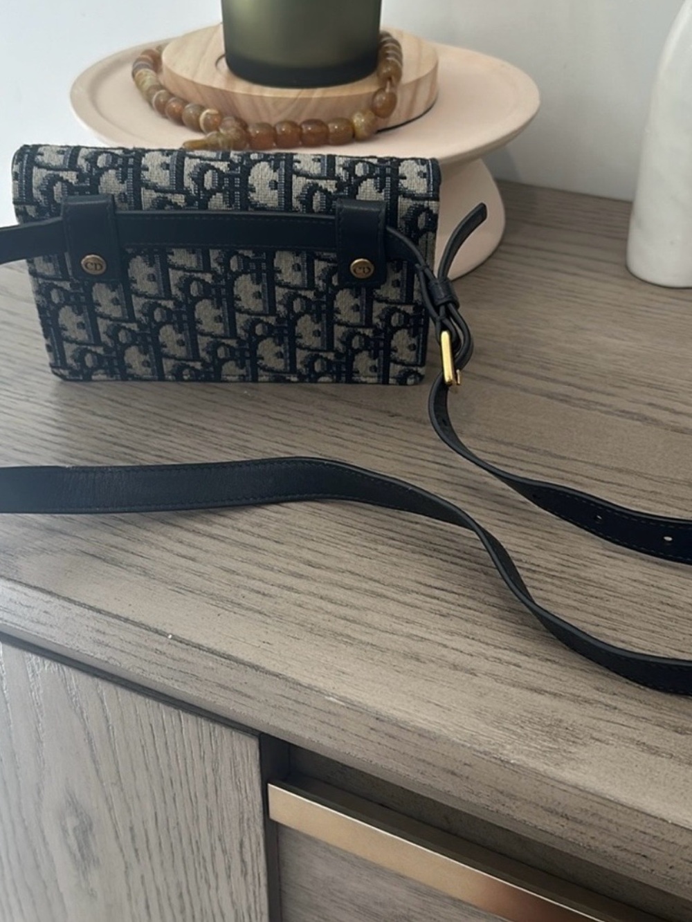 Dior Black and Beige Oblique Canvas Clutch with Gold 'D' Charm - Picture 2 of 4